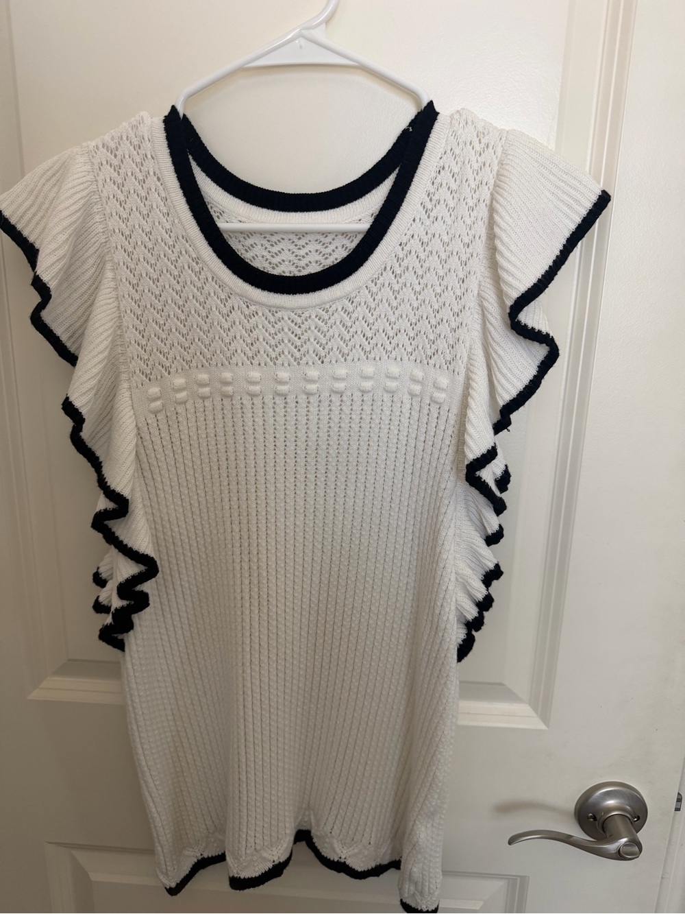 Amazon White Sweater with Black Trim Ruffle Sleeves